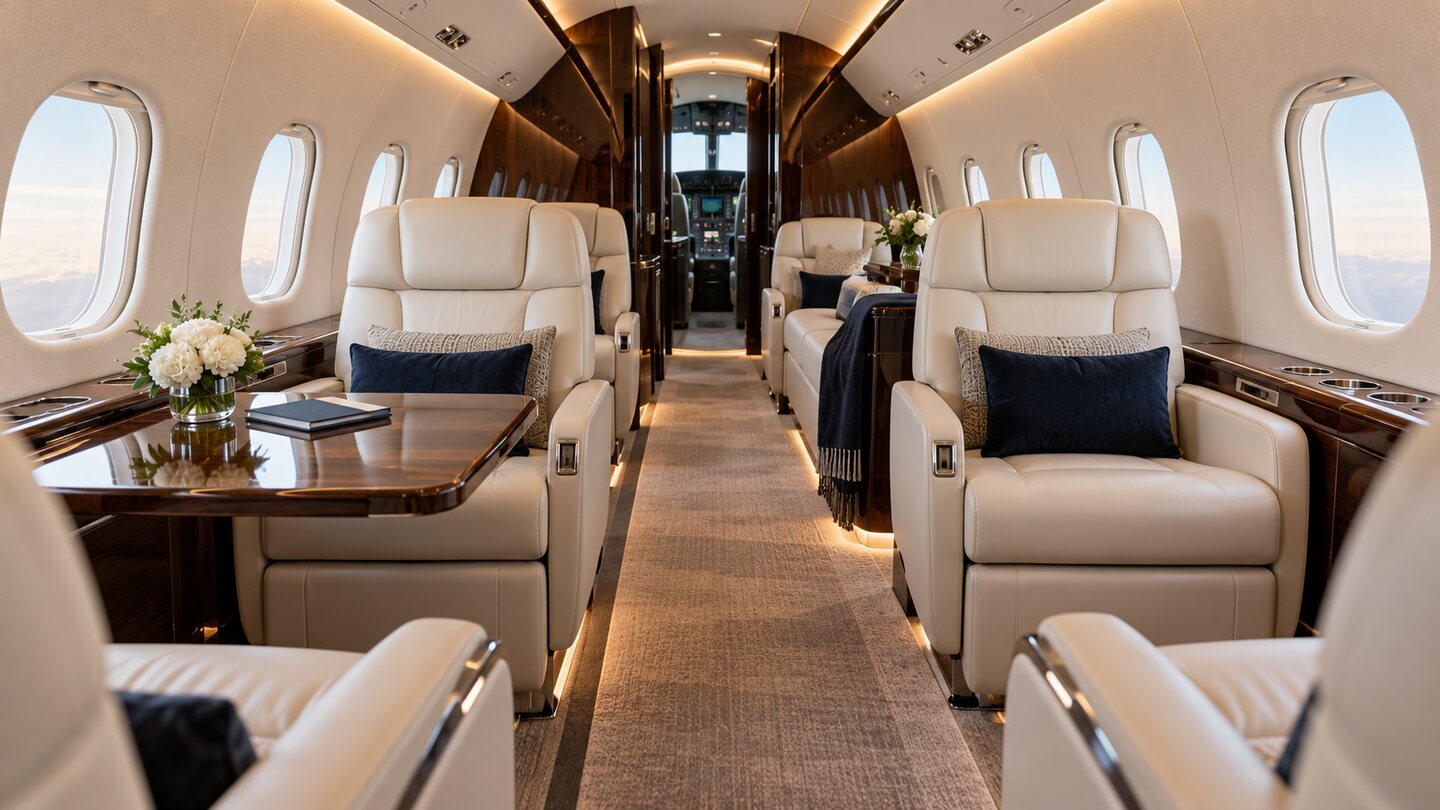 Bright private jet cabin with ivory leather seating and wood trim